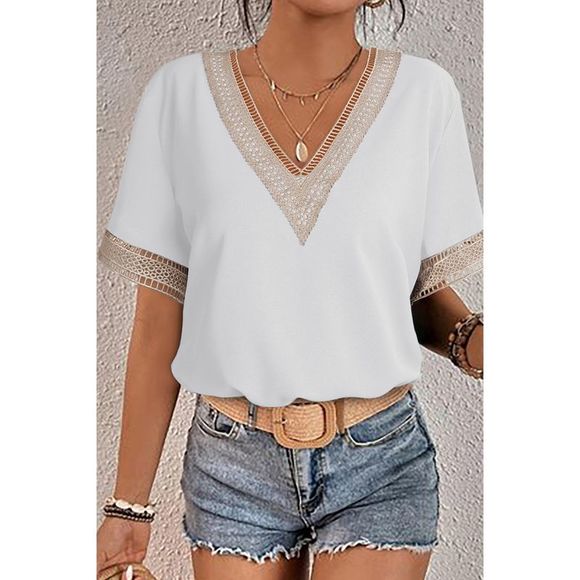 Azura Exchange  White Lace Trim V Neck Short Sleeve Blouse - Picture 5 of 15